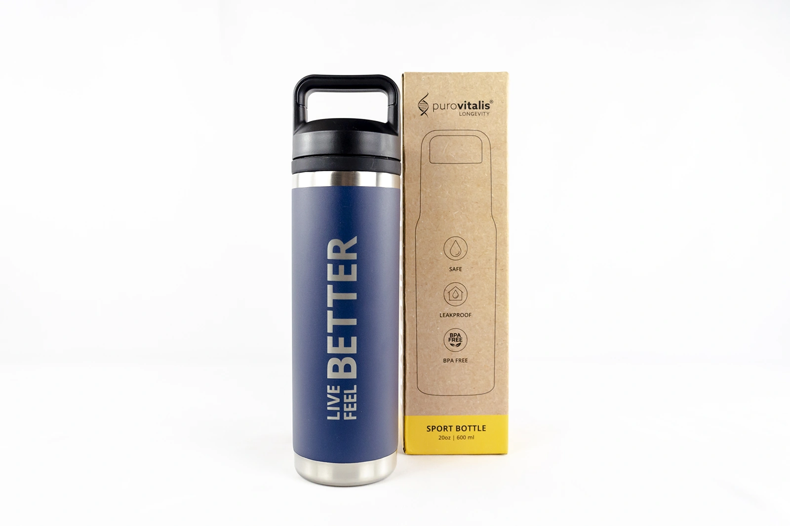 Botella de agua deportiva Puro Vitalis, ideal para hidratarse durante el entrenamiento, en el gimnasio o en excursiones. Regalo útil para deportistas.